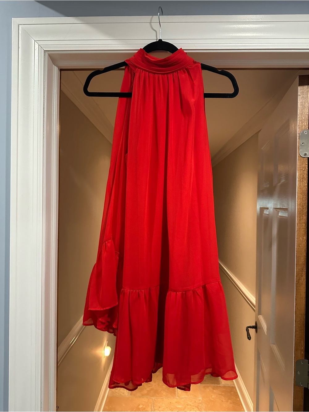 Adrianna Papell Red One-Shoulder High-Neck Evening Dress